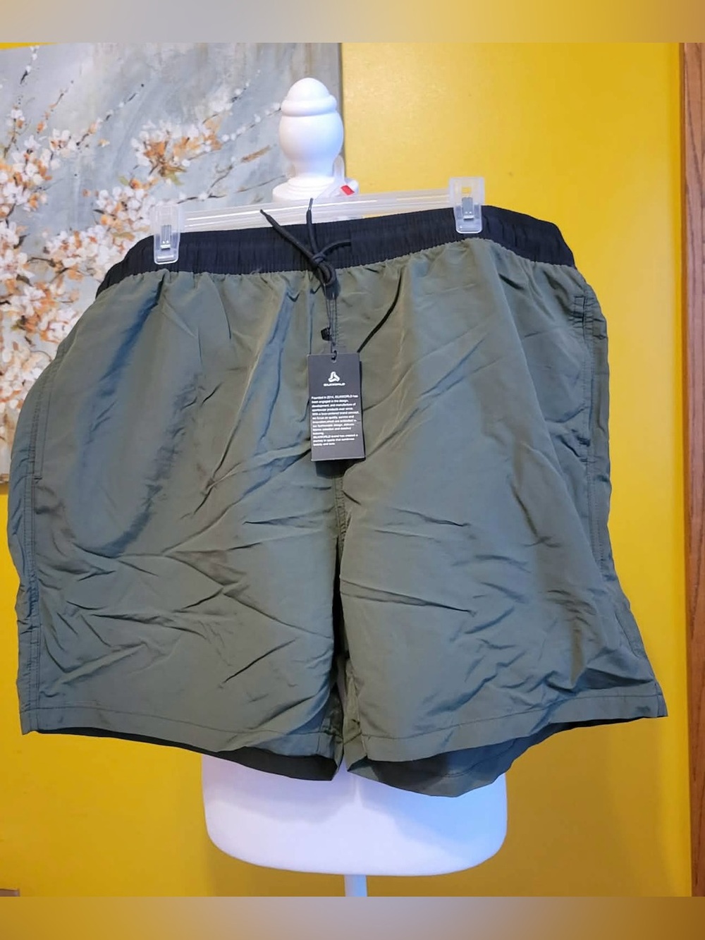 Men's Olive Green Swim Trunks with Black Waistband